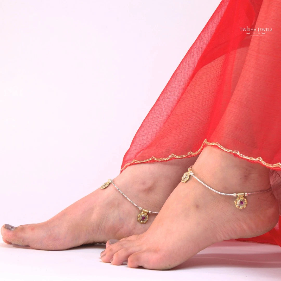 925 Silver Ruby Emerald Rajpayal Anklet