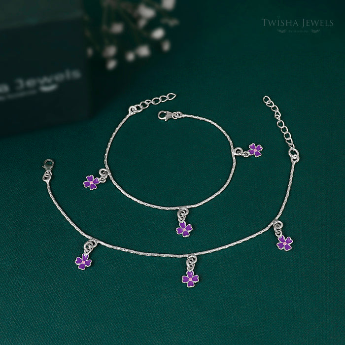 Kids Silver Purple Flower Anklet