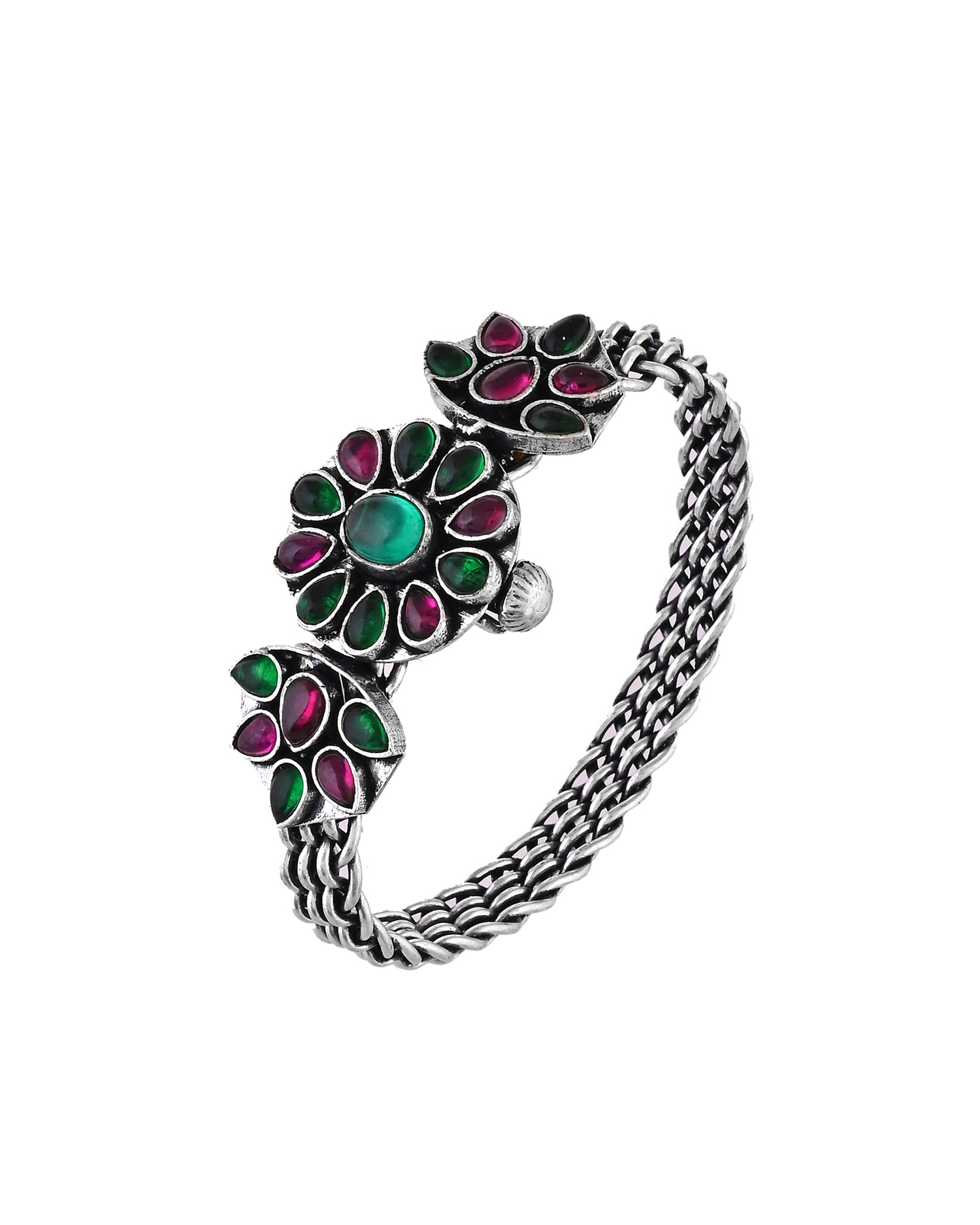 925 Silver Oxidized Statement Kada for Women | Floral Regal Bracelet