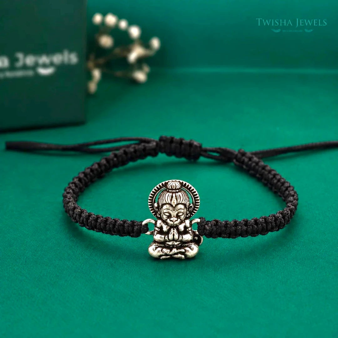 925 Silver Bal Hanuman Bracelet for Kids with Adjustable Black Thread