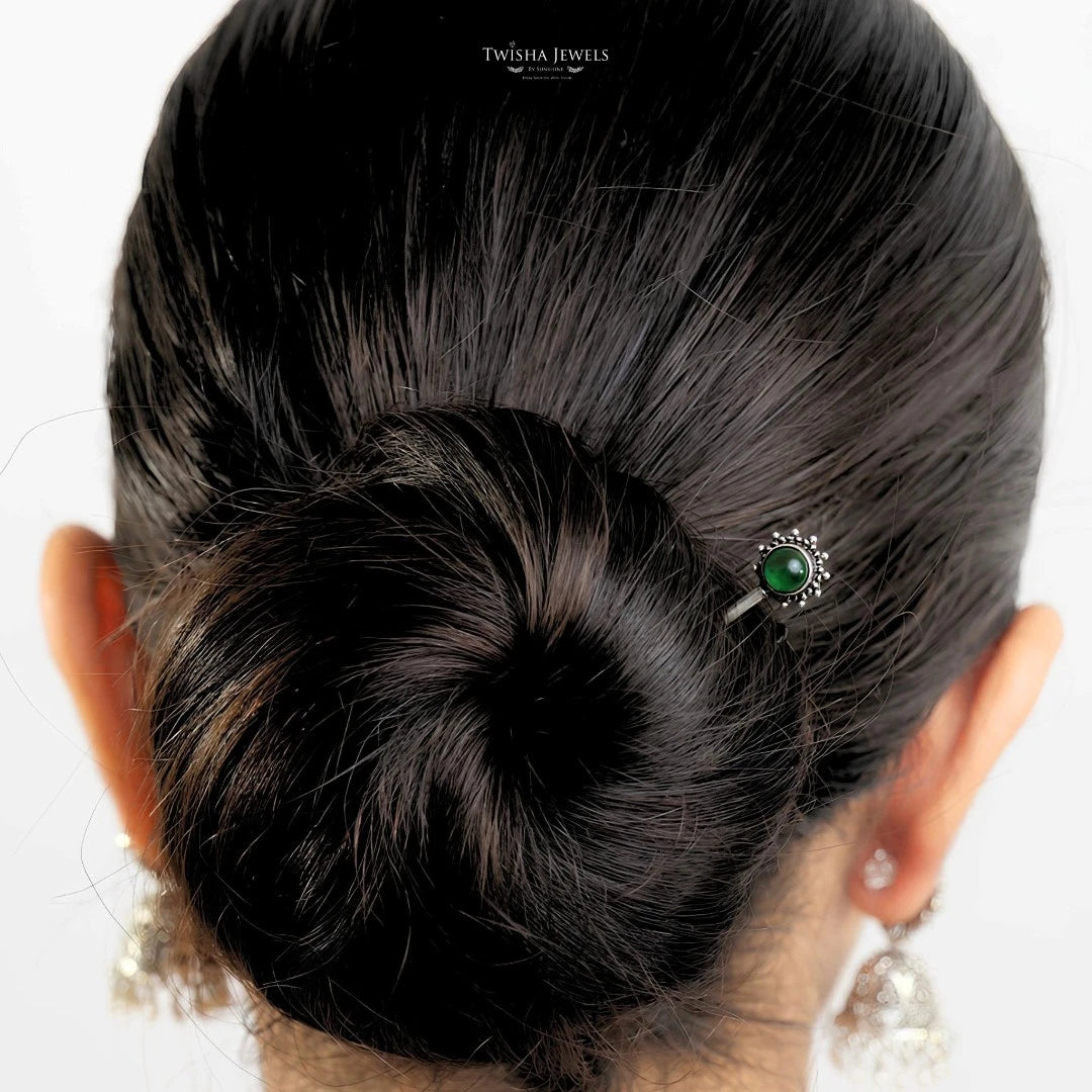 Green Emerald Silver Bun Stick