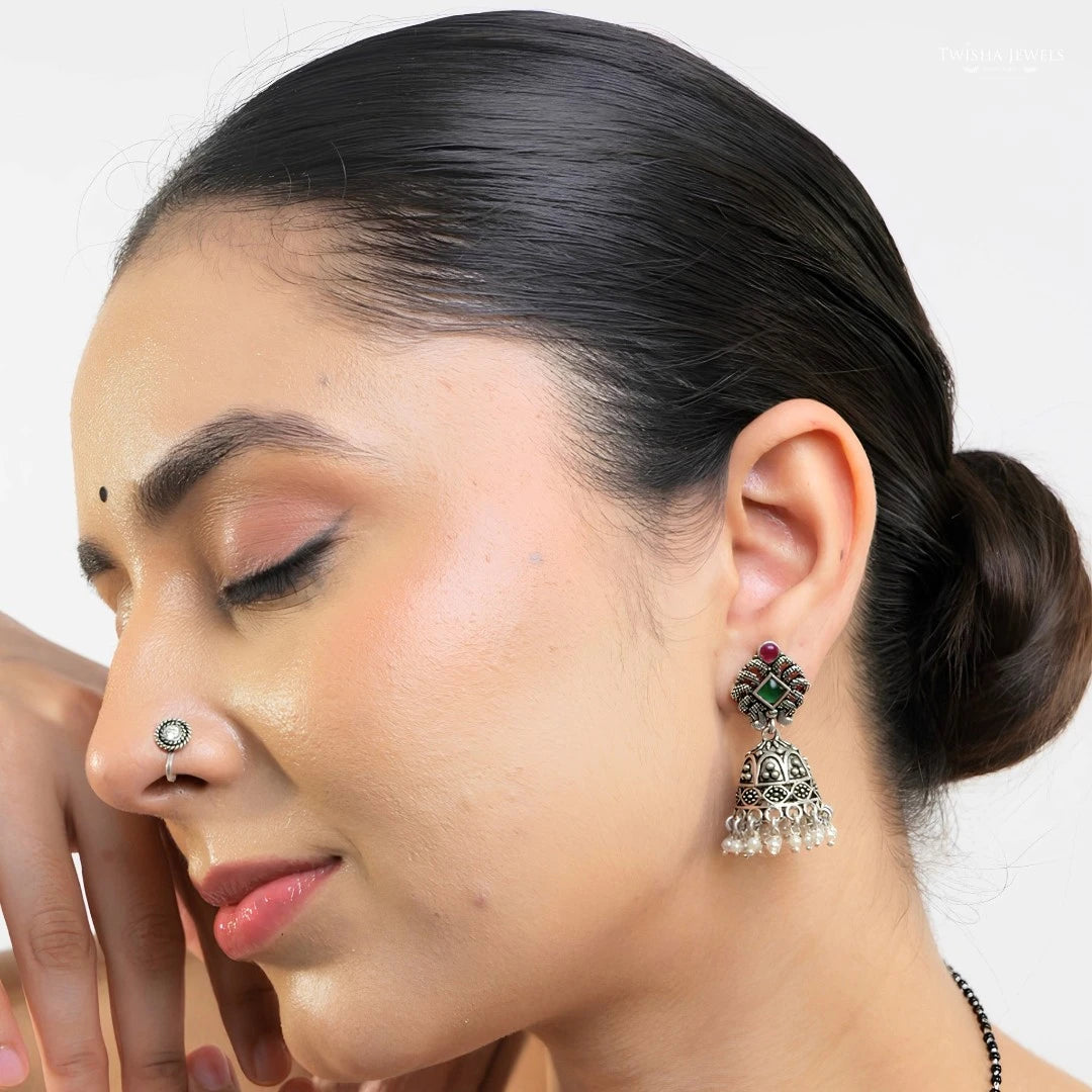 Laal Hara Mani 925 Silver Jhumka