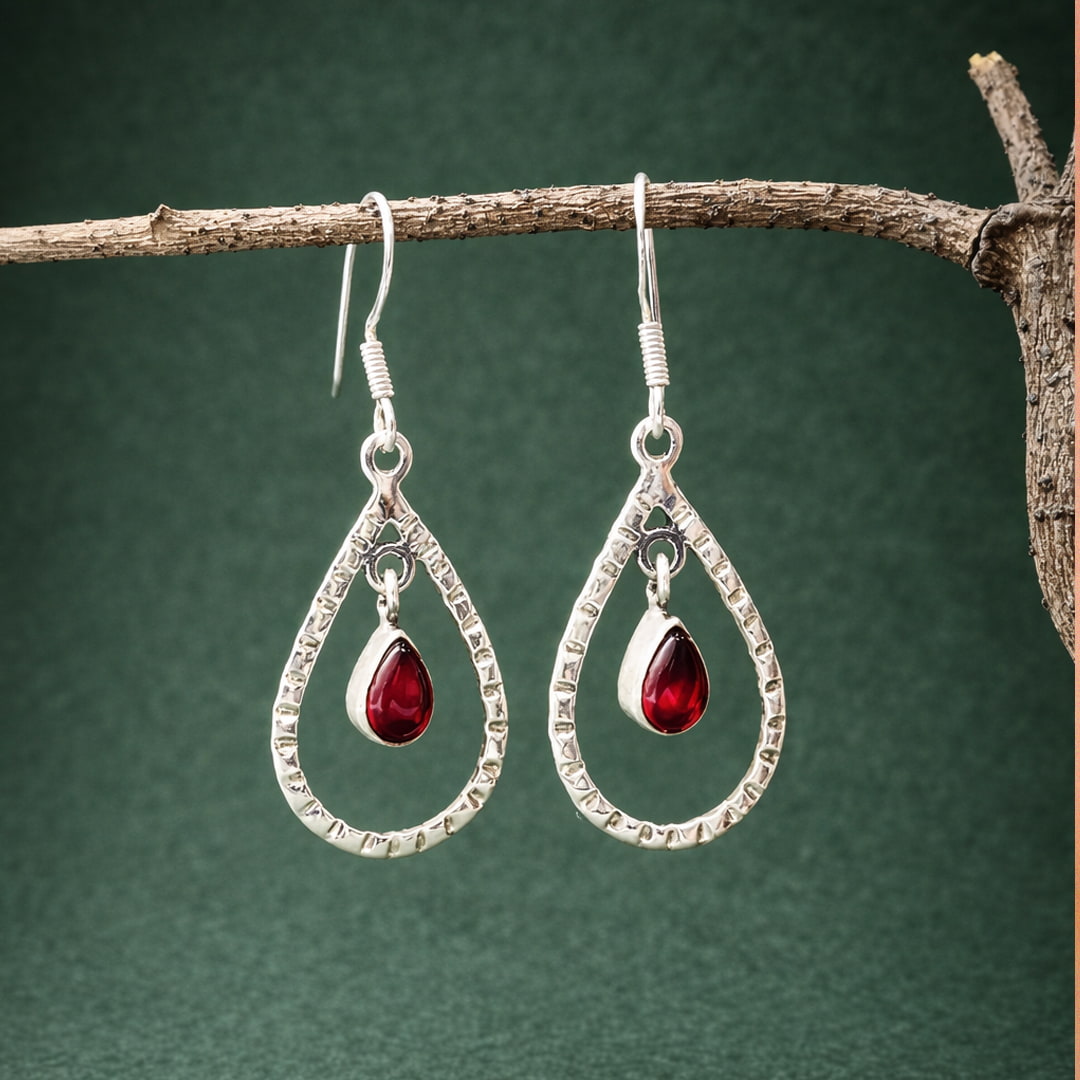 Silver Teardrop Ruby Earrings