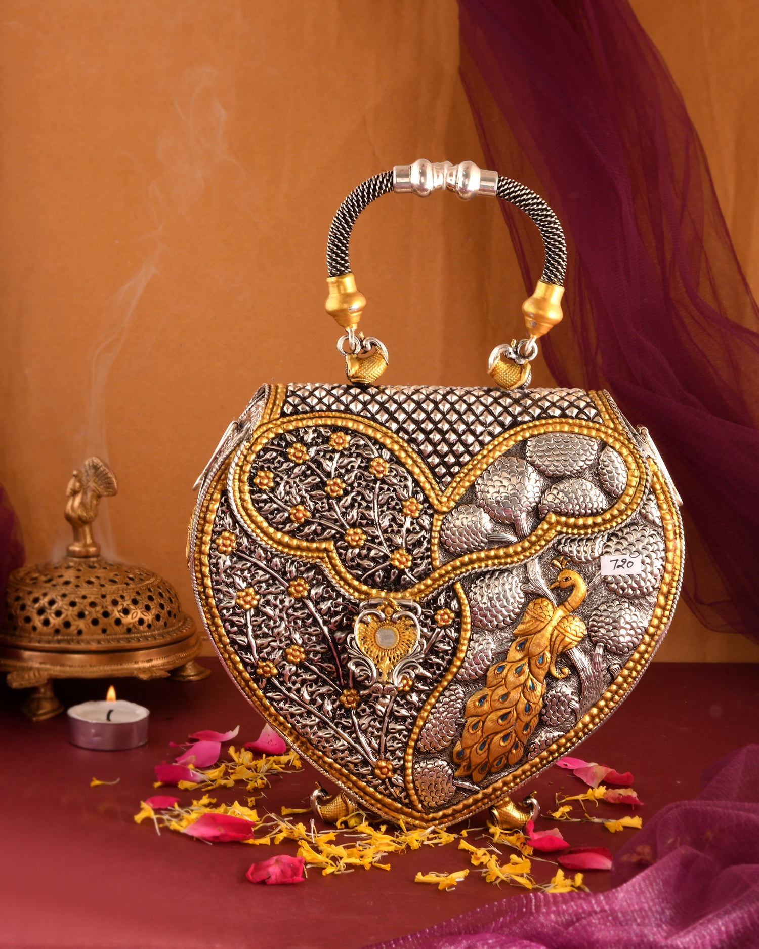 Heart of Peacock Silver Clutch