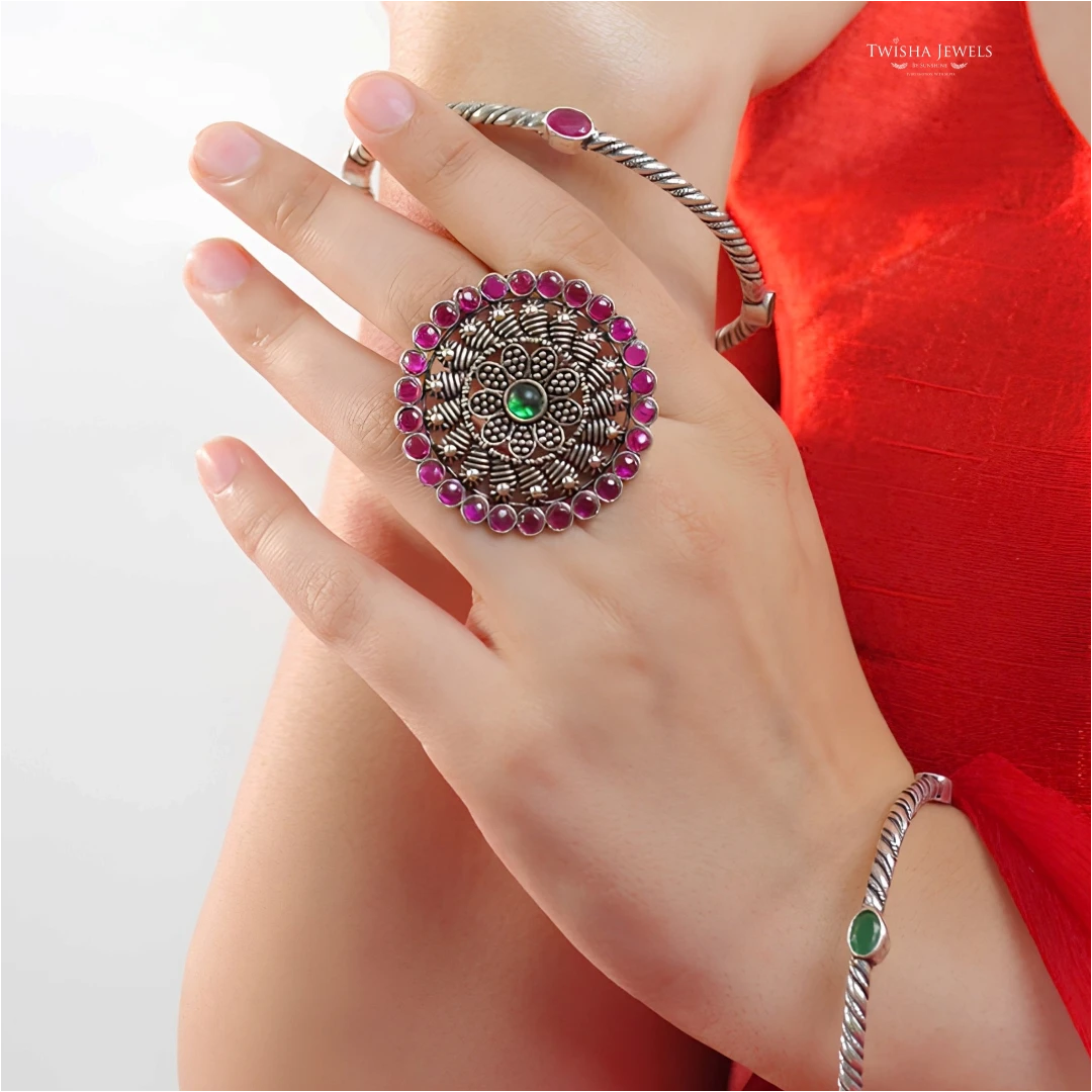 925 Silver Ruby Spiral Ring for Women | Bold Ethnic Statement Ring