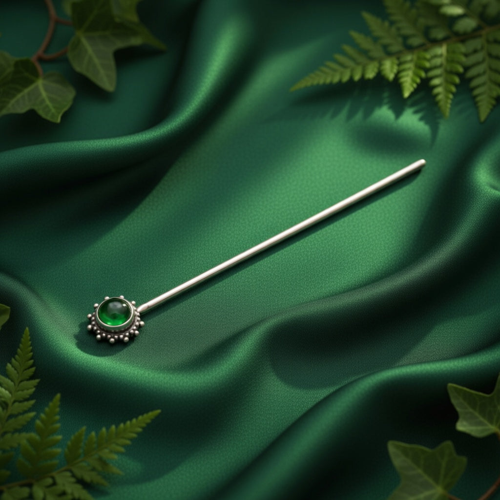 Green Emerald Silver Bun Stick