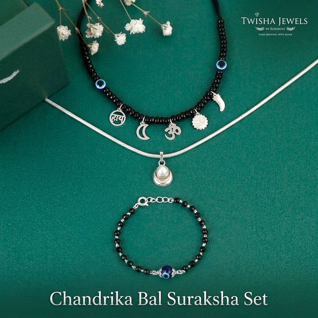 Chandrika Bal Suraksha Set – 925 Silver Kids Bracelet, Moon Pendant & Baby Raksha Combo