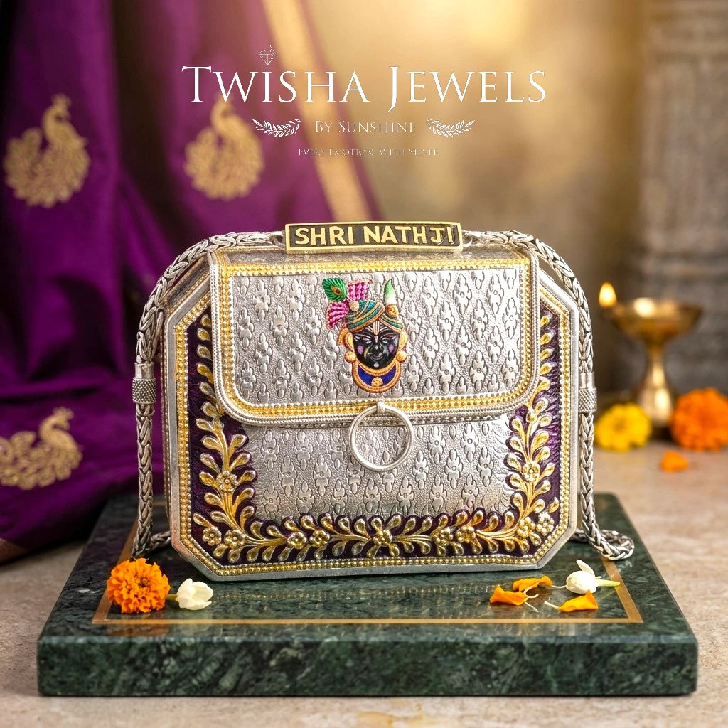 Hand-Painted Shrinath Ji 925 Silver Clutch Purse – Exclusive Designer Piece