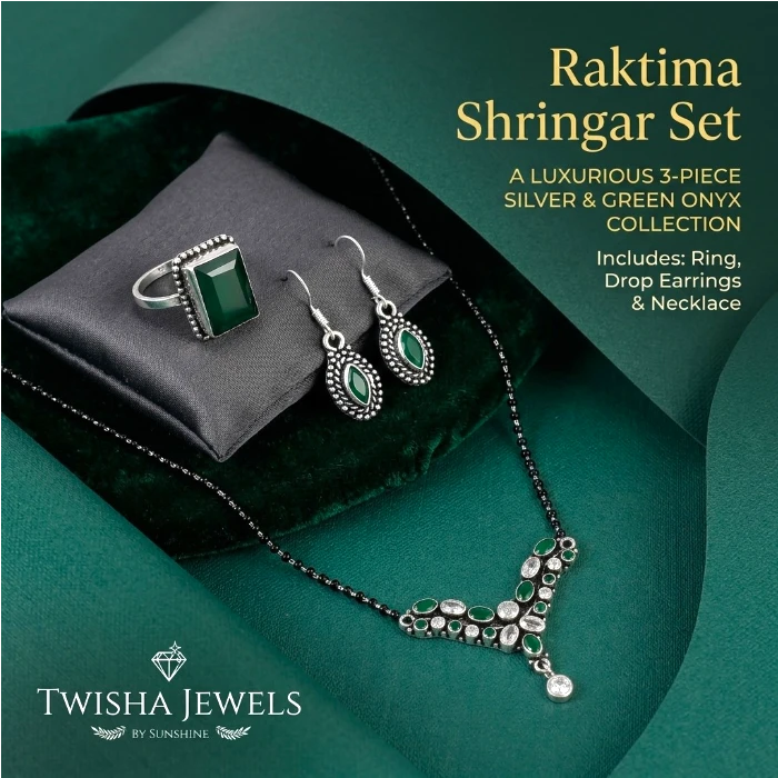 Raktima Shringar Set – 925 Silver Ruby-inspired Mangalsutra, Earrings & Ring Combo