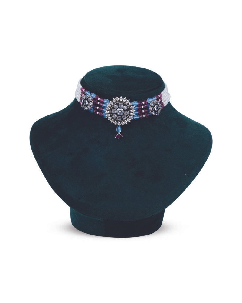 Zircon Pendant with Sea Blue Beads Choker Set
