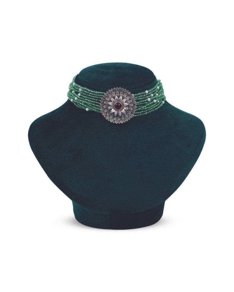 Korean Flower Pendant with Emerald Beads Choker Set